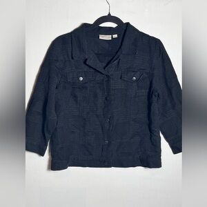 Erin London Black Linen Blend Patterned Patchwork Half Sleeve Button Down Top M